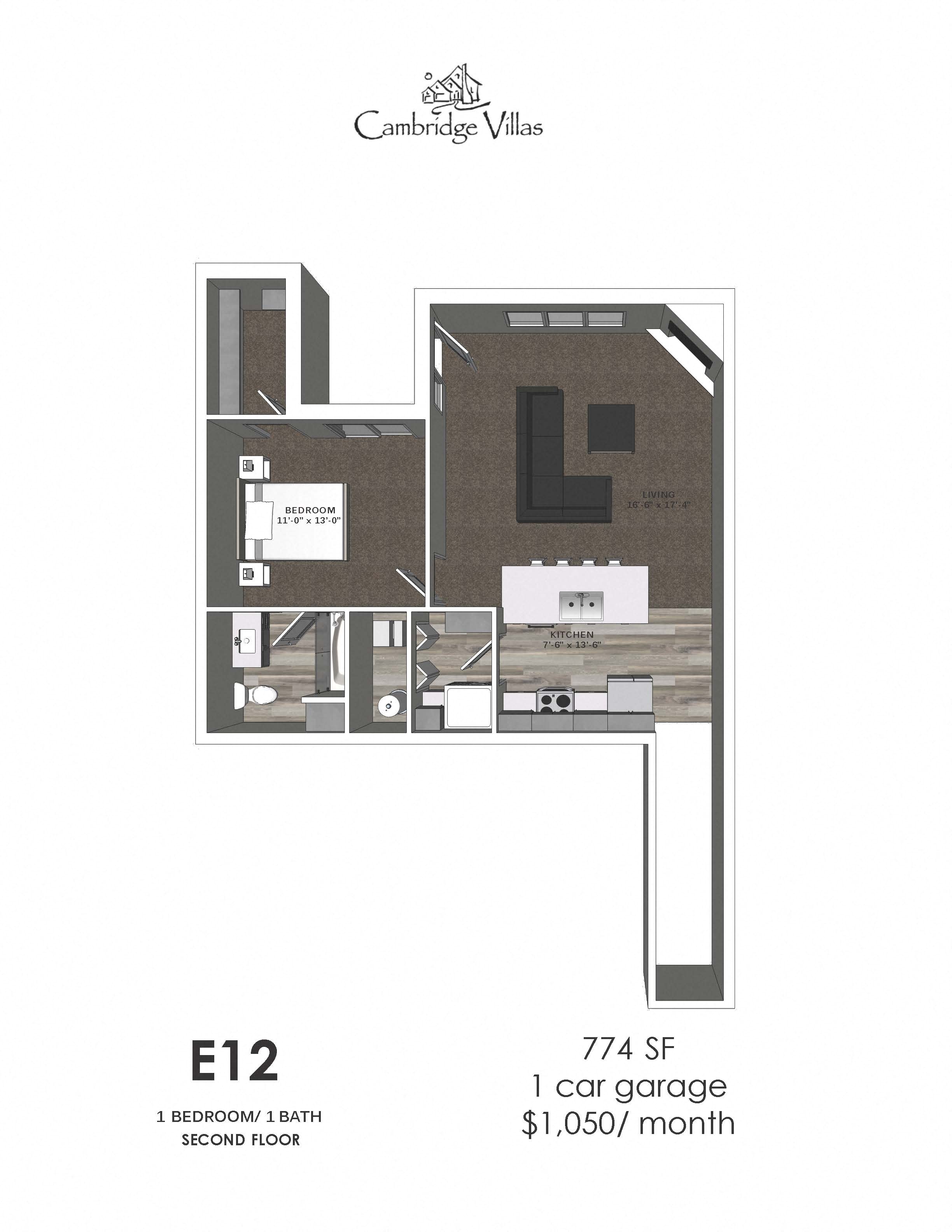 Floor plan for 1 bed, 1 bath, 744 sqft